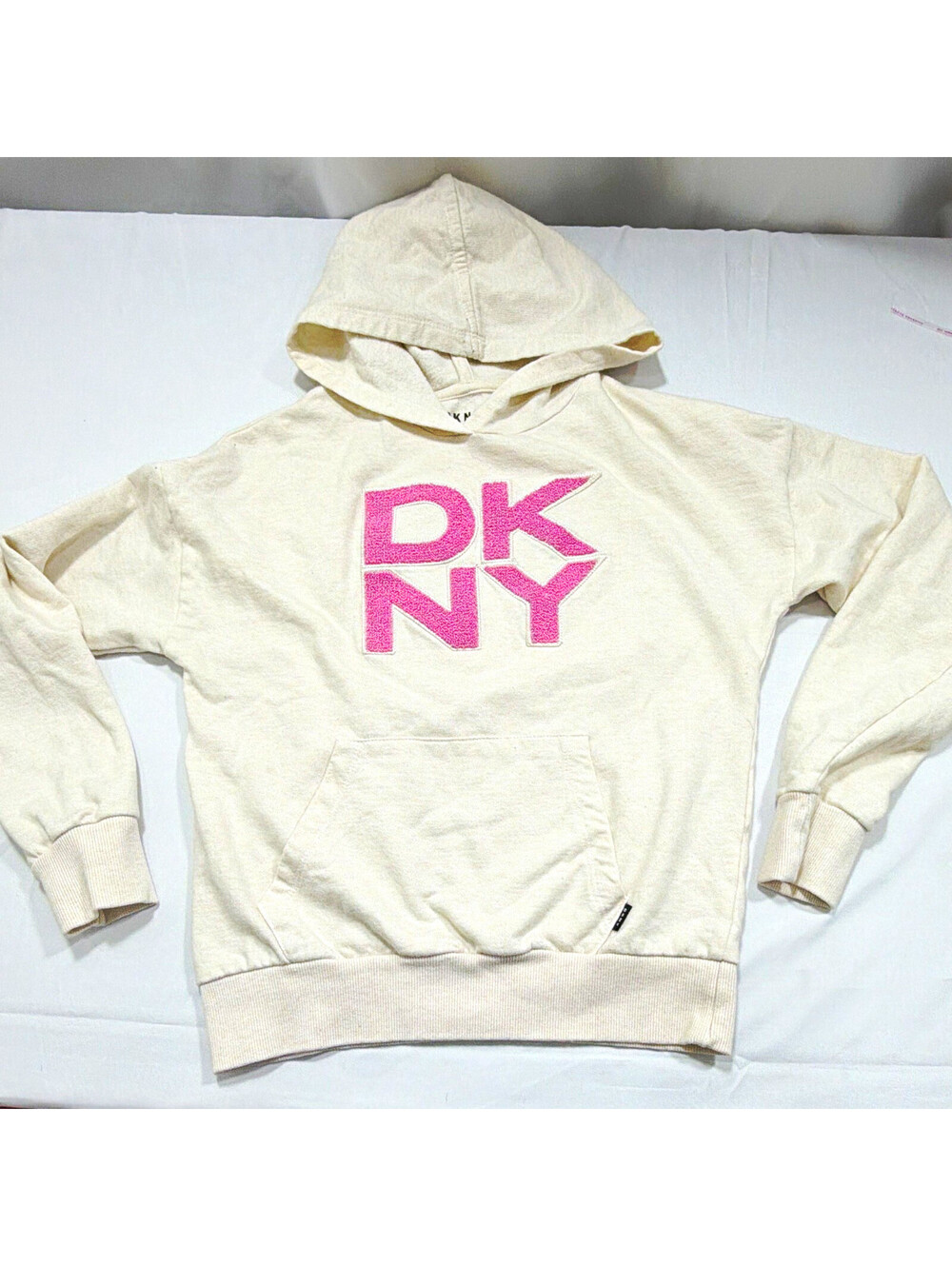 DKNY Girls Ivory/Pink Logo Pullover Hoodie Fleece Hooded Pockets Size 12
